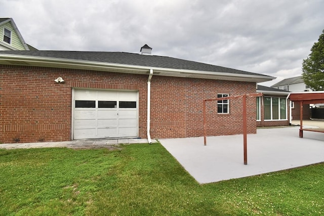 541 Grattan St, Chicopee, MA 01020 - view of property exterior with brick siding, an attached garage, a lawn, and a chimney