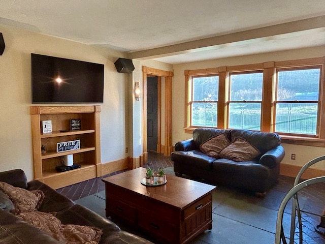 living room featuring built in shelves