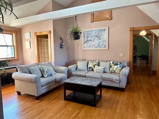 living room featuring vaulted ceiling and hardwood / wood-style flooring