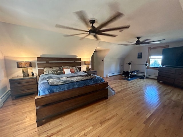 bedroom featuring light hardwood / wood-style floors, vaulted ceiling, ceiling fan, and a baseboard radiator