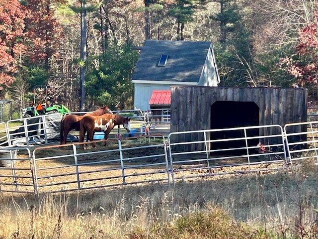 view of stable with a rural view