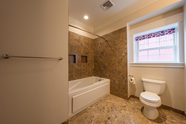 full bath with baseboards, visible vents, toilet, crown molding, and shower / bathtub combination