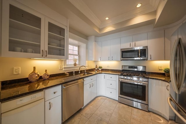 kitchen featuring white cabinetry, a tray ceiling, stainless steel appliances, and a sink