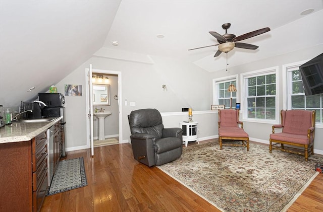 54 Clarke Rd, Sturbridge, MA 01518 - sitting room featuring wood finished floors, a ceiling fan, and lofted ceiling