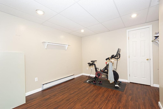 54 Clarke Rd, Sturbridge, MA 01518 - workout room with a baseboard heating unit, wood finished floors, recessed lighting, and a drop ceiling