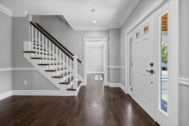 1 Farwell Cir, Newton, MA 02460 - entrance foyer with wood finished floors, stairway, baseboards, recessed lighting, and crown molding