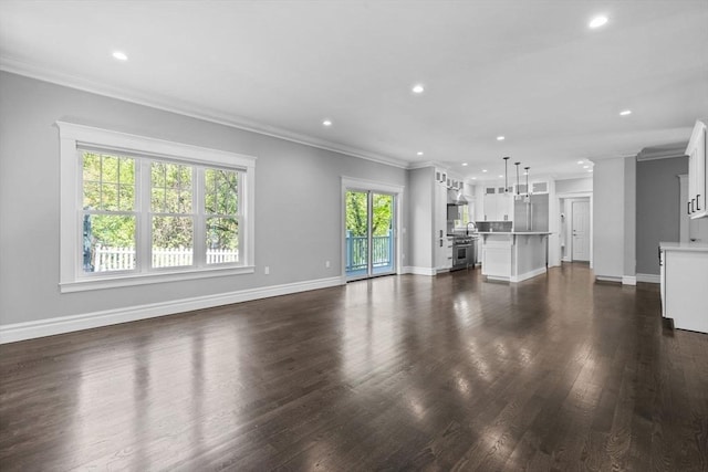1 Farwell Cir, Newton, MA 02460 - unfurnished living room with recessed lighting, ornamental molding, dark wood-type flooring, and baseboards