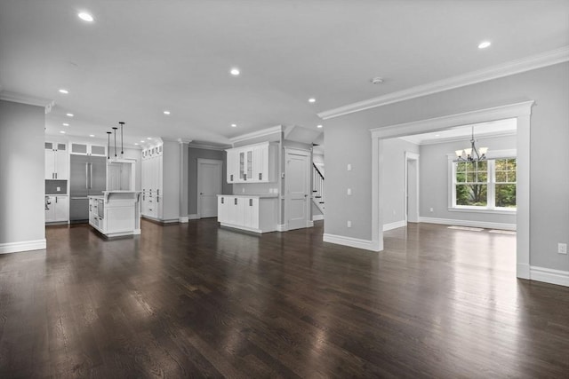 1 Farwell Cir, Newton, MA 02460 - unfurnished living room featuring stairs, crown molding, recessed lighting, baseboards, and dark wood finished floors