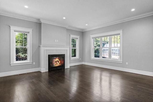 1 Farwell Cir, Newton, MA 02460 - unfurnished living room featuring dark wood-style flooring, a tile fireplace, baseboards, recessed lighting, and crown molding