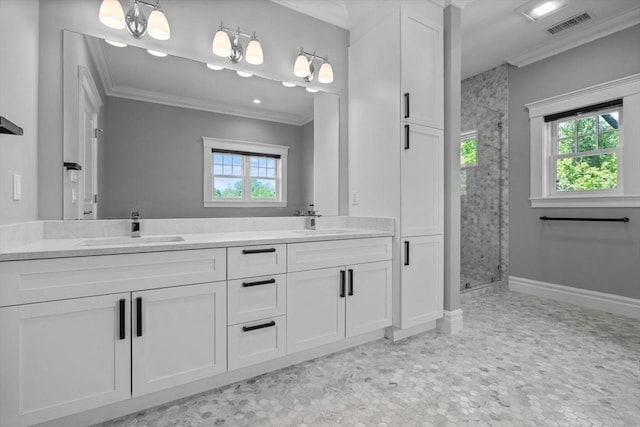 1 Farwell Cir, Newton, MA 02460 - bathroom featuring ornamental molding, a stall shower, double vanity, and plenty of natural light