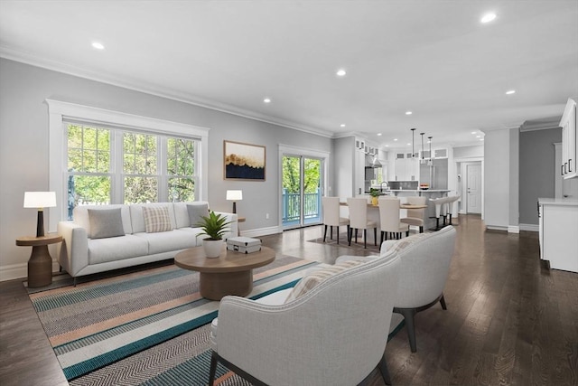 1 Farwell Cir, Newton, MA 02460 - living area with baseboards, recessed lighting, ornamental molding, and dark wood-style floors