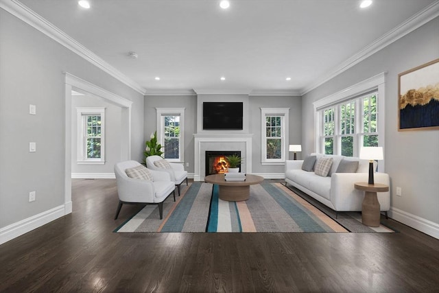 1 Farwell Cir, Newton, MA 02460 - living room featuring plenty of natural light, recessed lighting, baseboards, a lit fireplace, and wood finished floors