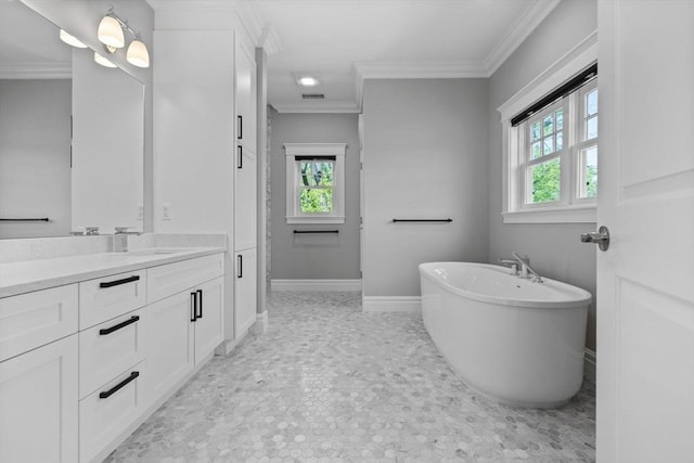 1 Farwell Cir, Newton, MA 02460 - full bathroom with vanity, ornamental molding, a soaking tub, and baseboards
