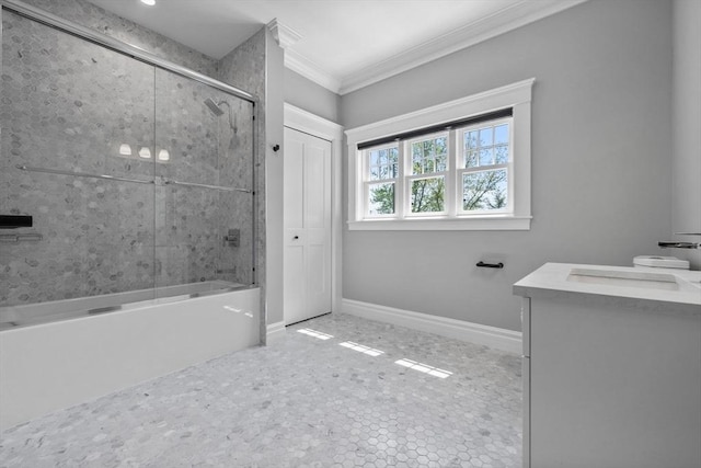 1 Farwell Cir, Newton, MA 02460 - bathroom featuring ornamental molding, vanity, combined bath / shower with glass door, and baseboards
