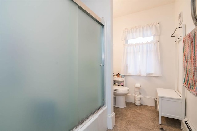 bathroom with toilet, enclosed tub / shower combo, and a baseboard radiator