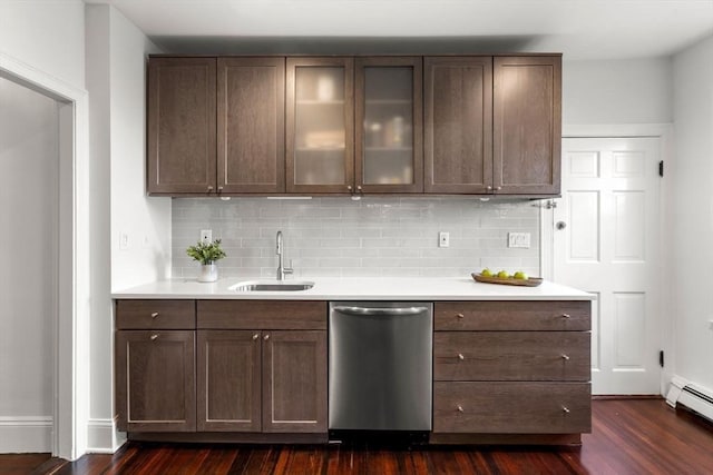 kitchen featuring a baseboard heating unit, dark brown cabinets, sink, and stainless steel dishwasher