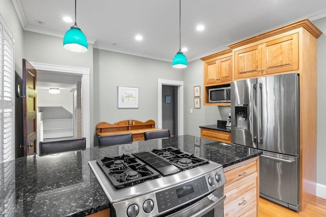 41 Clarke St, Lexington, MA 02421 - kitchen featuring stainless steel appliances, ornamental molding, dark stone counters, decorative light fixtures, and recessed lighting