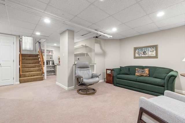 41 Clarke St, Lexington, MA 02421 - carpeted living room with baseboards, stairs, recessed lighting, and a drop ceiling
