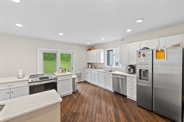 78 Holden Rd, Paxton, MA 01612 - kitchen with stainless steel appliances, a sink, white cabinetry, dark wood finished floors, and recessed lighting