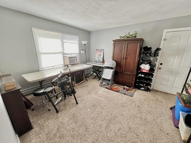 carpeted home office with cooling unit and a textured ceiling