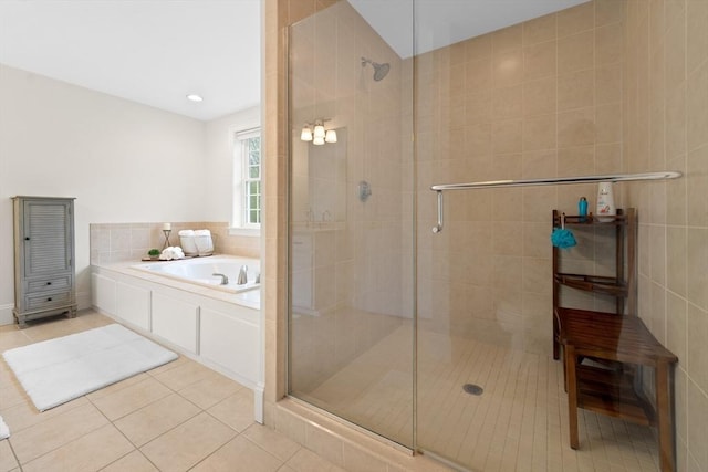 19 Cardiff Rd, Windham, NH 03087 - full bath with tile patterned flooring, a garden tub, a shower stall, and recessed lighting