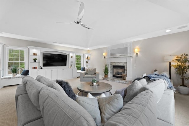 19 Cardiff Rd, Windham, NH 03087 - living room featuring light carpet, a ceiling fan, a fireplace, healthy amount of natural light, and recessed lighting