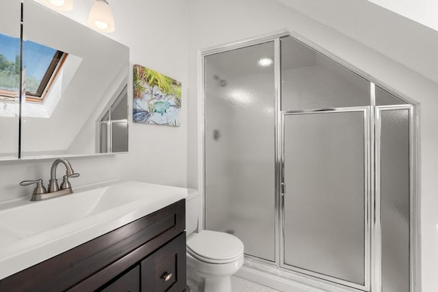 full bath with a shower stall, toilet, a skylight, and vanity