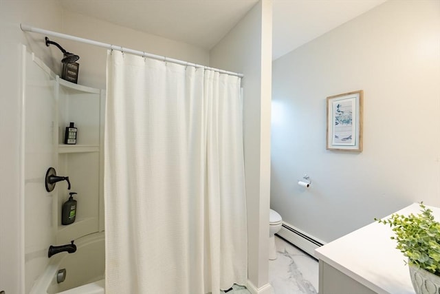 full bathroom with toilet, vanity, a baseboard radiator, and shower / tub combo with curtain