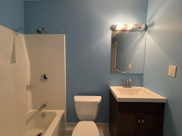 full bathroom with shower / tub combination, vanity, tile patterned floors, and toilet