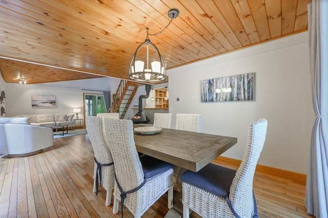 dining area with wood ceiling, light hardwood / wood-style floors, and a notable chandelier