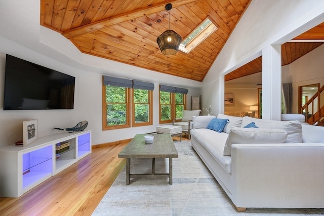 living room featuring light hardwood / wood-style flooring, a skylight, high vaulted ceiling, and wooden ceiling