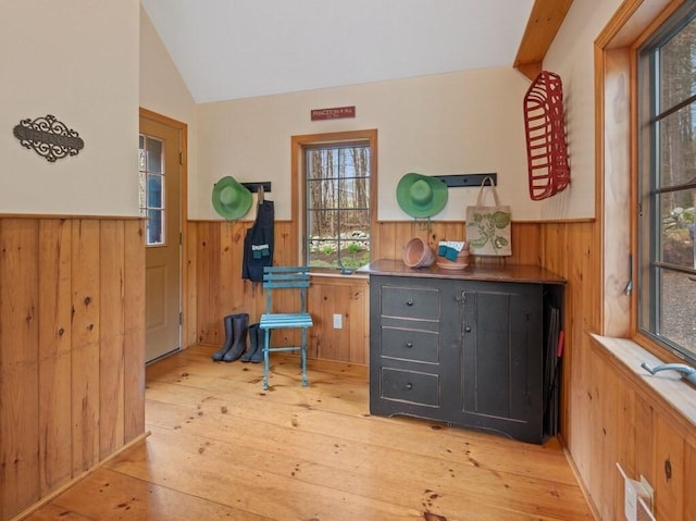 office area featuring wood walls, hardwood / wood-style floors, a wainscoted wall, a wealth of natural light, and lofted ceiling