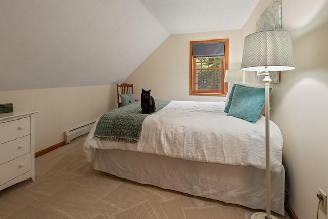 carpeted bedroom featuring baseboards, baseboard heating, and vaulted ceiling