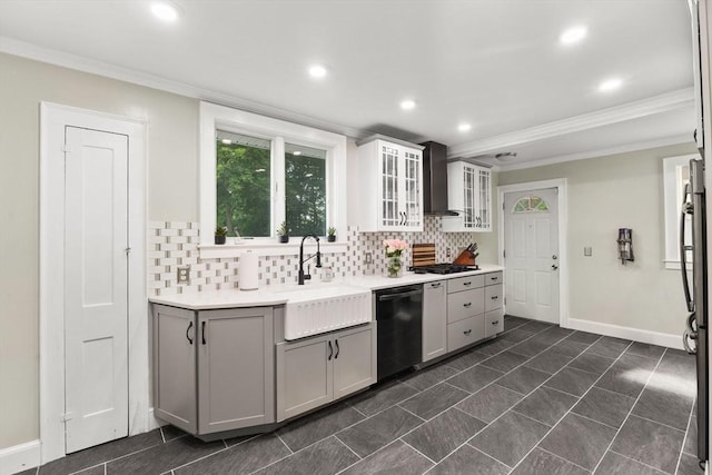 39 Carrlyn Rd, Brockton, MA 02301 - kitchen with dishwashing machine, wall chimney range hood, ornamental molding, recessed lighting, and decorative backsplash