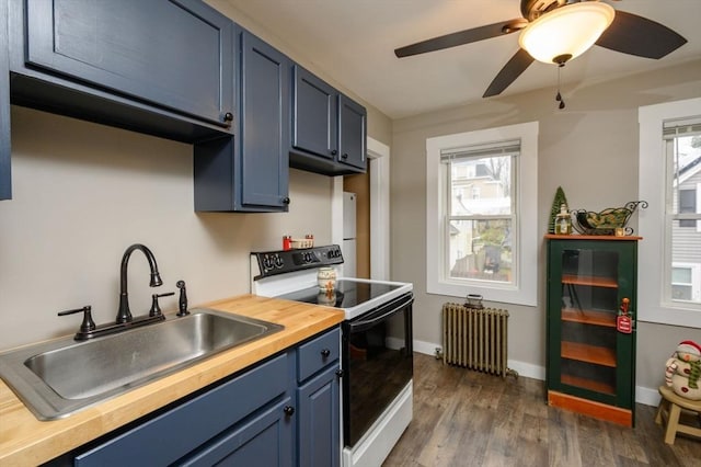 kitchen featuring radiator, sink, blue cabinetry, electric range oven, and butcher block counters