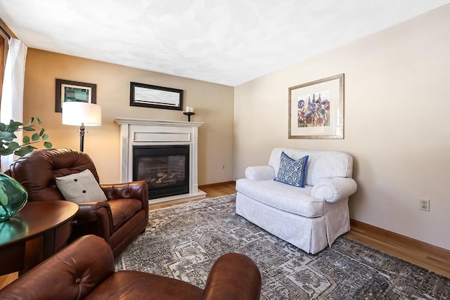 living area with a glass covered fireplace, baseboards, and wood finished floors