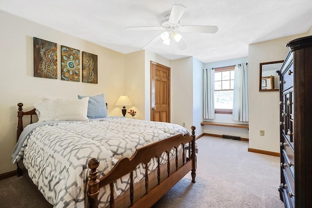 bedroom featuring a ceiling fan, visible vents, baseboards, and carpet flooring