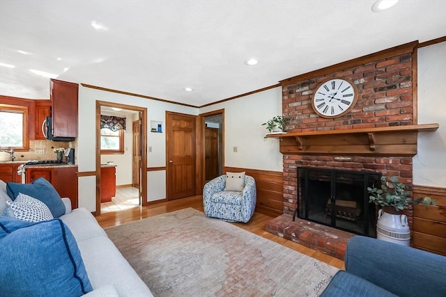 living area with ornamental molding, light wood finished floors, wainscoting, and a fireplace