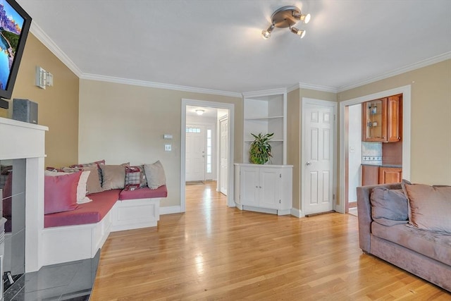 5 Upland St, Auburn, MA 01501 - living room with light wood finished floors, ornamental molding, a fireplace, and built in features