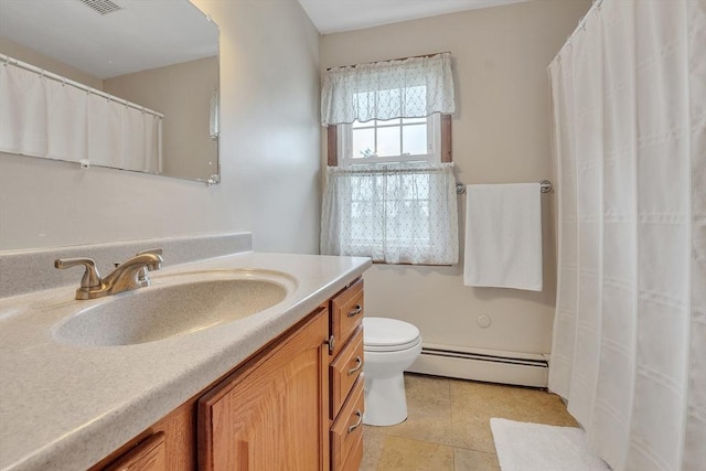 5 Upland St, Auburn, MA 01501 - full bath featuring baseboard heating, vanity, a shower with shower curtain, and tile patterned floors