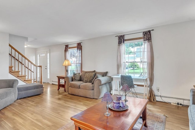 5 Upland St, Auburn, MA 01501 - living area featuring light wood-style floors, stairway, and baseboard heating