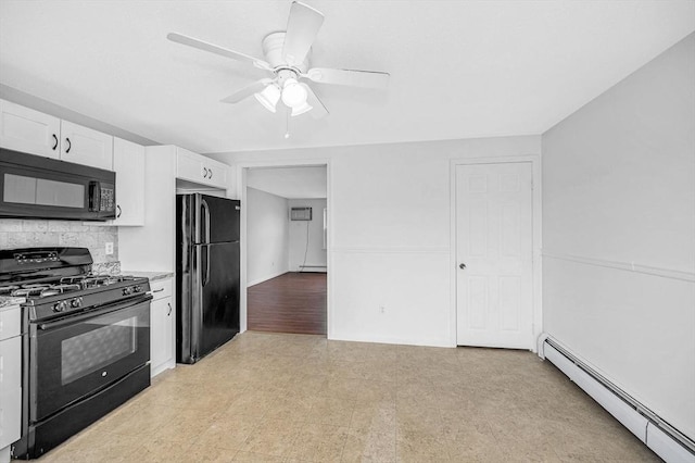 45 W 3rd St Unit 6, Lowell, MA 01850 - kitchen featuring black appliances, a baseboard heating unit, white cabinetry, ceiling fan, and light flooring