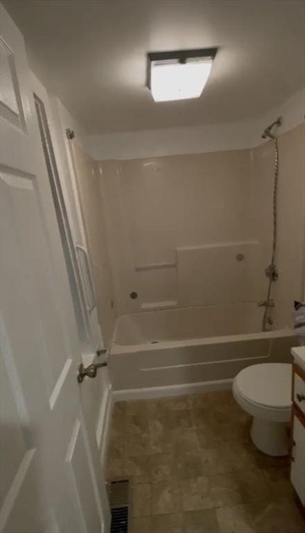 full bathroom with toilet, visible vents,  shower combination, and vanity