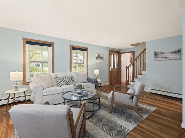 living room with dark wood-type flooring and a baseboard radiator