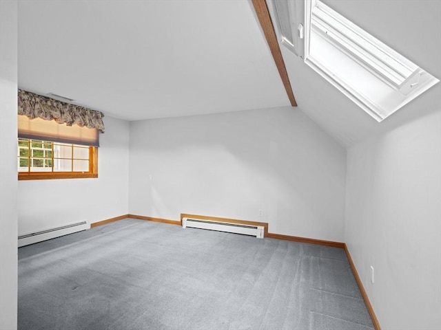 bonus room featuring a baseboard heating unit, carpet, and lofted ceiling with skylight