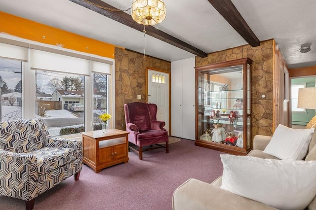 living room with carpet, a healthy amount of sunlight, and beam ceiling