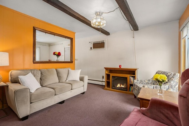 carpeted living room with a baseboard radiator, beam ceiling, and a wall unit AC