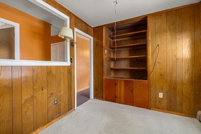 interior space with a baseboard radiator, light carpet, and wooden walls