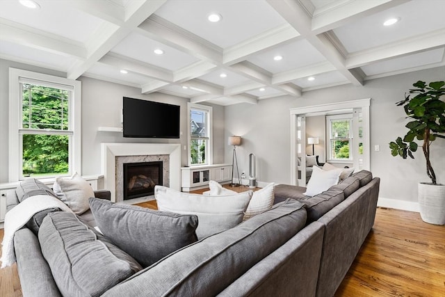 1 Apollo Cir, Lexington, MA 02421 - living room with healthy amount of natural light, wood finished floors, beam ceiling, coffered ceiling, and a fireplace