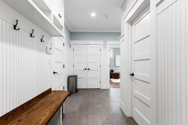 1 Apollo Cir, Lexington, MA 02421 - mudroom with crown molding, recessed lighting, and dark wood-style flooring